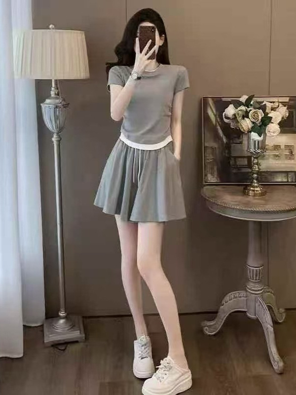 D1903 Temperament two-piece pants skirt suit women's summer slim fit patchwork short-sleeved short skirt two-piece suit