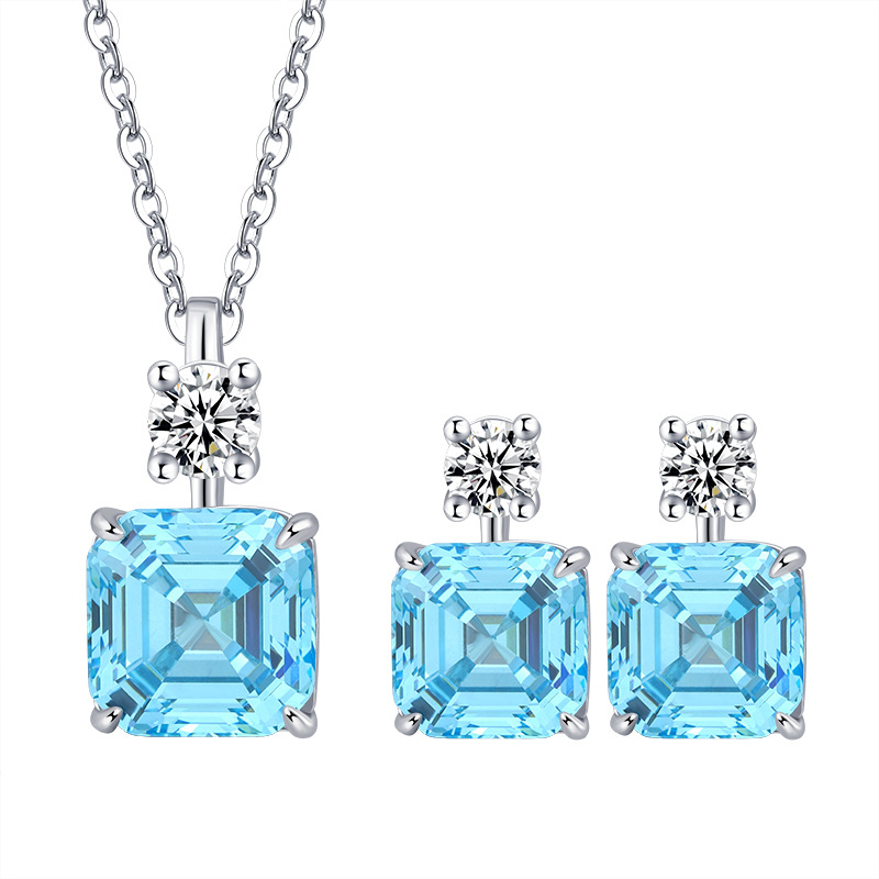 S925 Silver Ascher-Cut Blue & Yellow Gemstone Pendant Necklace & Earrings Set with High-Carbon Diamonds, Elegant Jewelry for Women