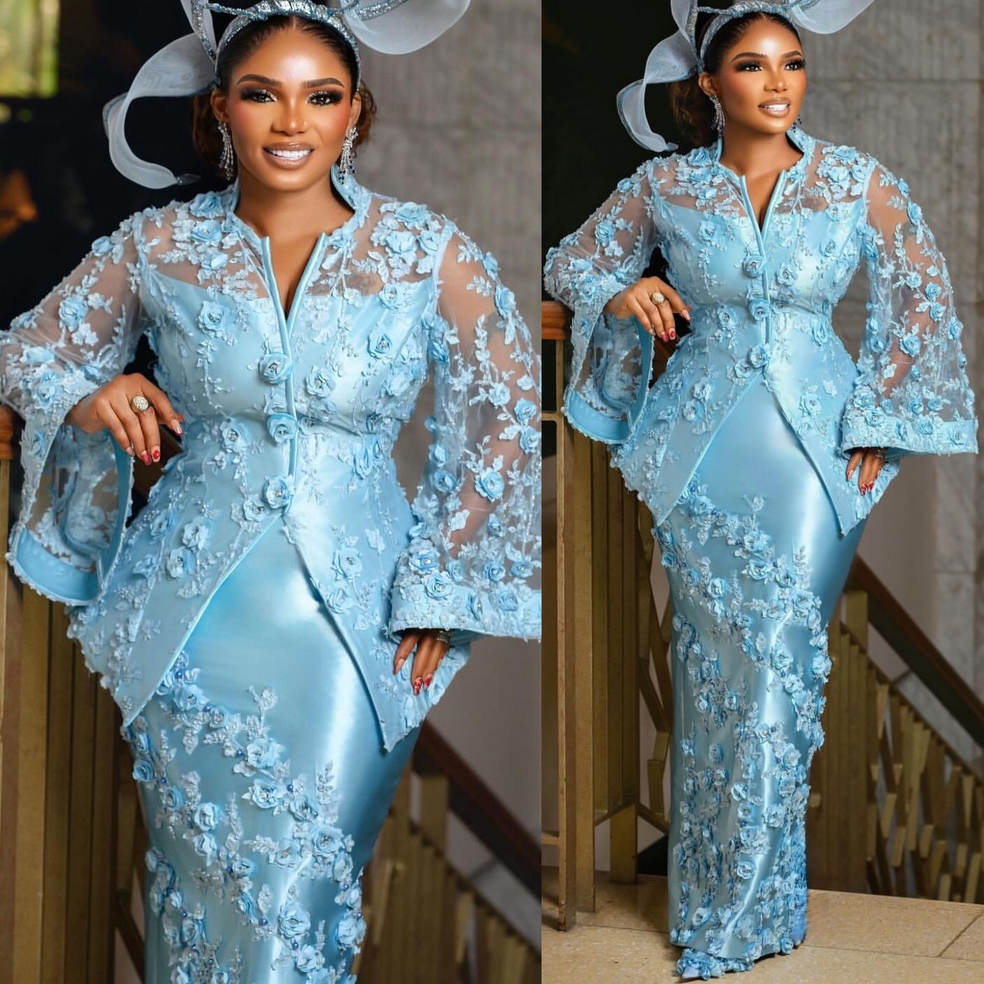 Sky Blue Sheath Prom Dresses 2025 3D Floral Lace Satin Vintage Evening Formal Party Second Birthday Engagement Gowns Plus Size Dress For Special Occas