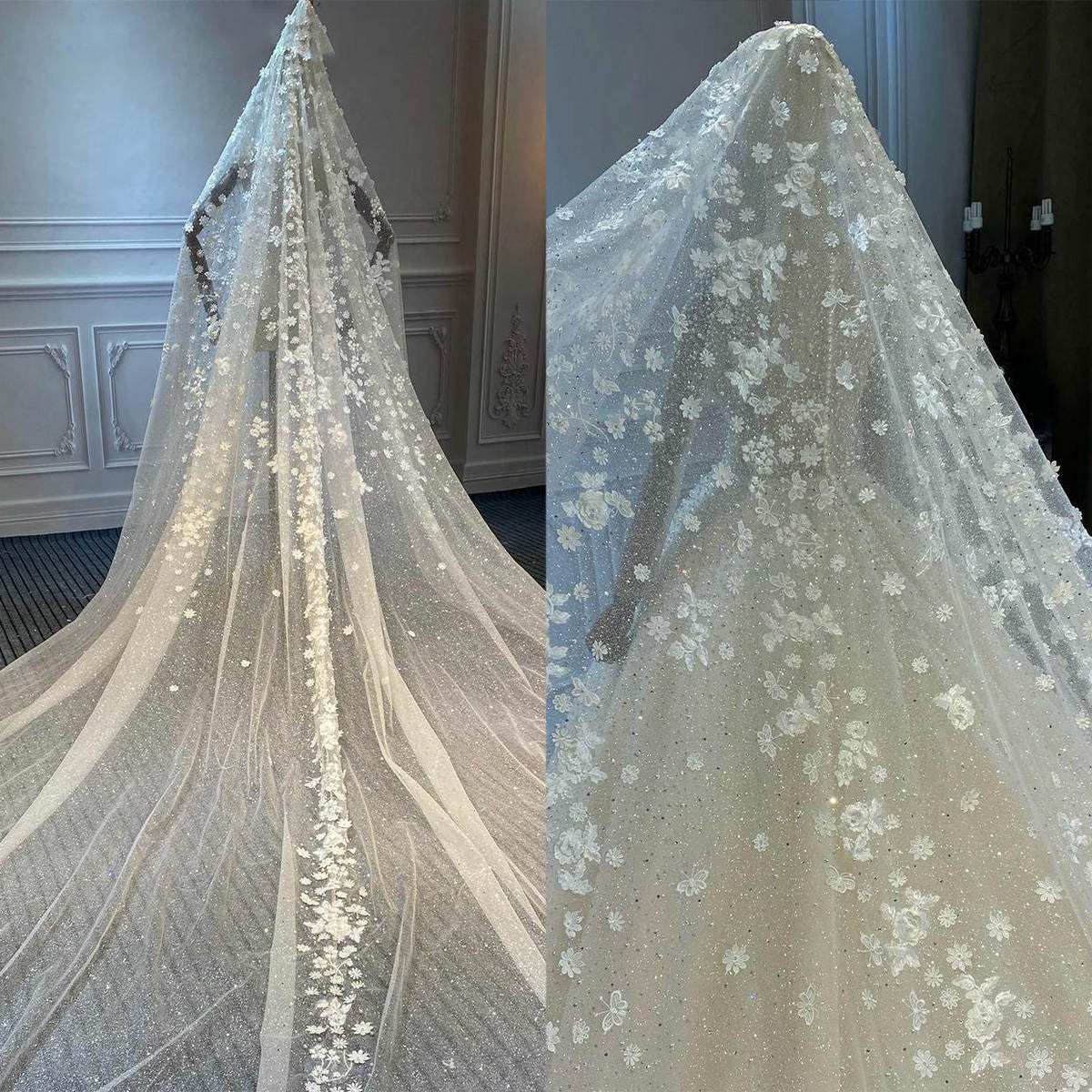 Headdress Elegant Wedding Veils One Layer Tulle Appliques Lace Flowers Headscarf White Ivory Bridal Veil Customized Length Veils V2418