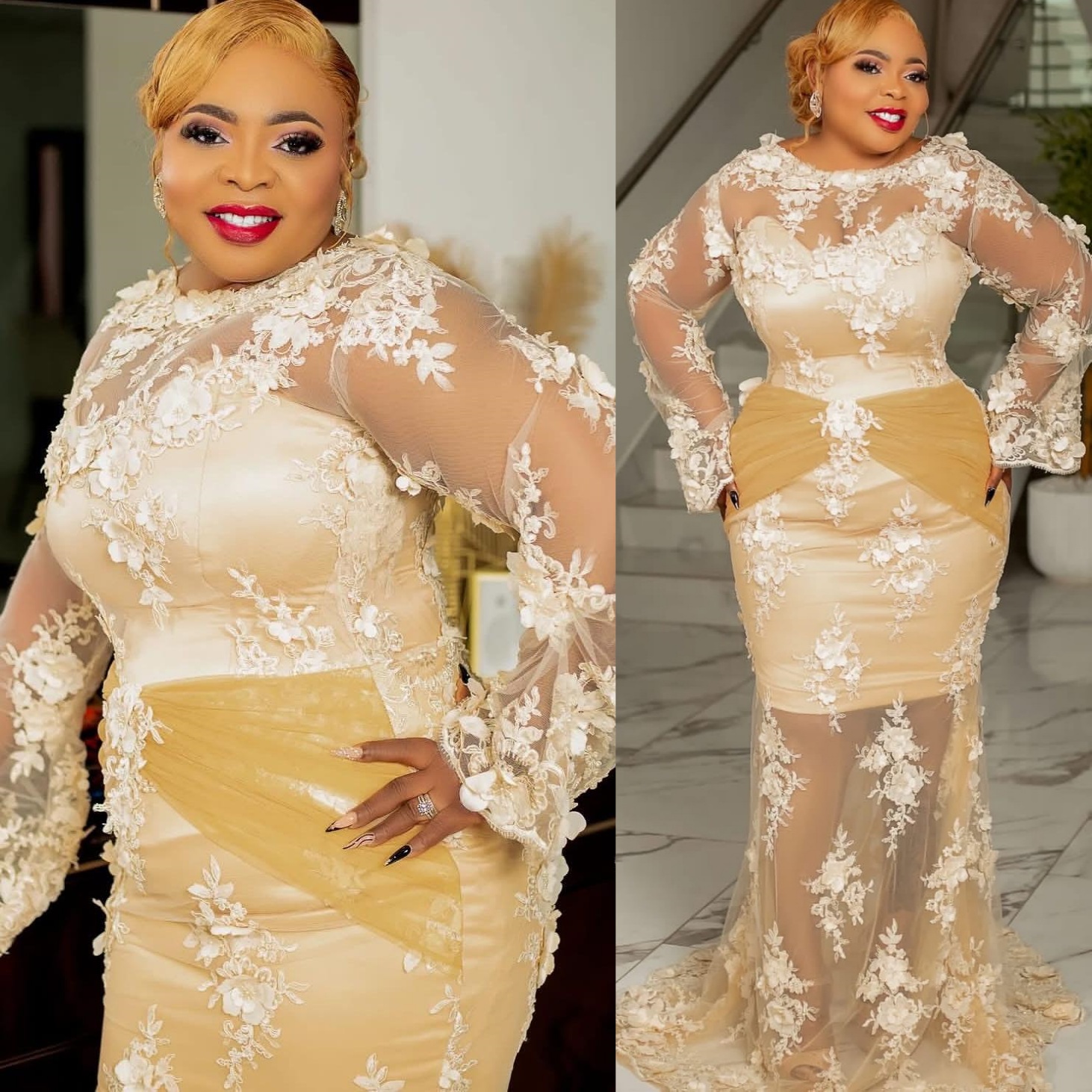 Champagne Mermaid Prom Dresses 2025 3D Floral Lace Full Sleeves Vintage Evening Formal Party Second Birthday Engagement Gowns Plus Size Dress For Spec