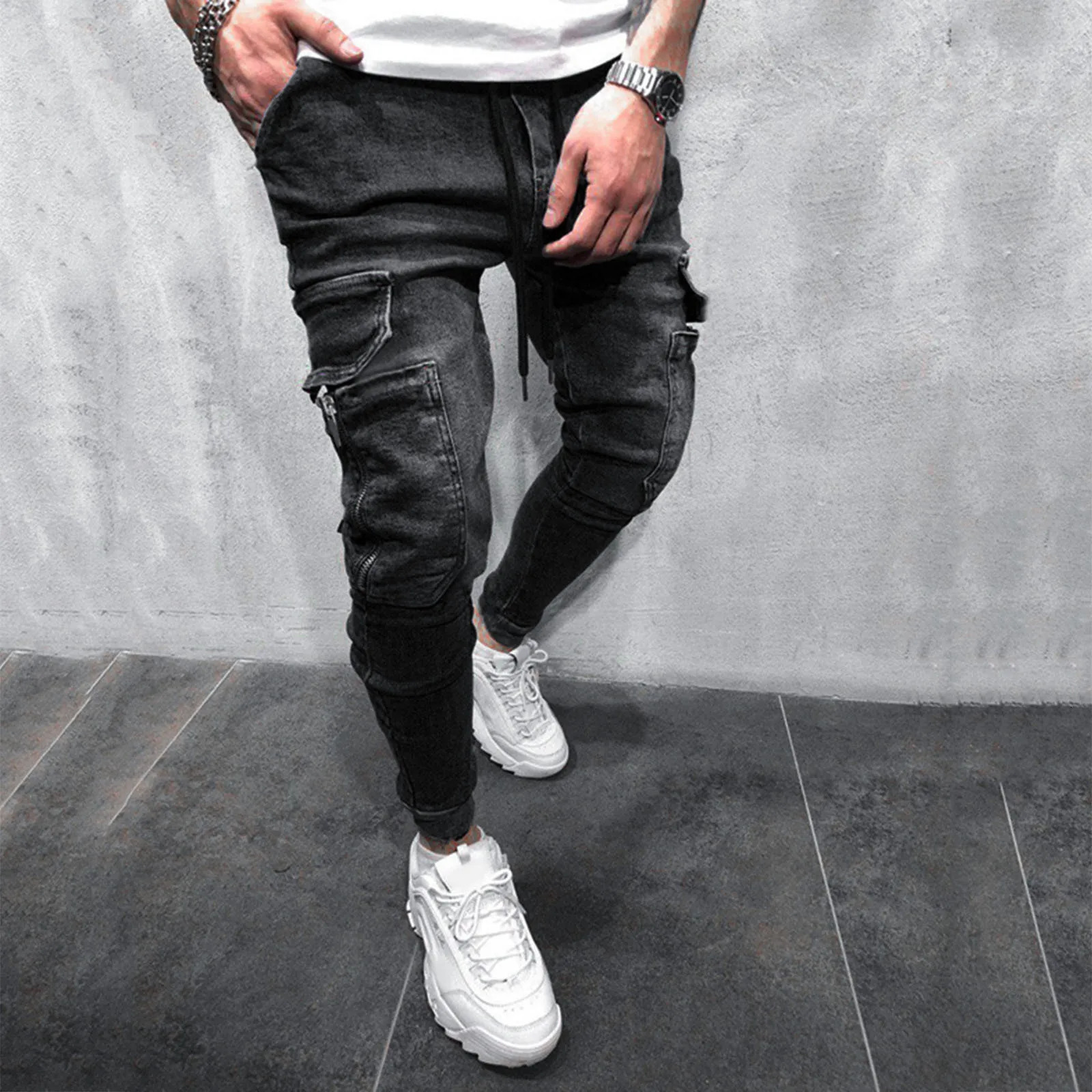 Summer Mens Fashion Pants Casual Pocket Waist Solid Color Slim Toe Jeans With Drawstring For Male Masculina 250611Z