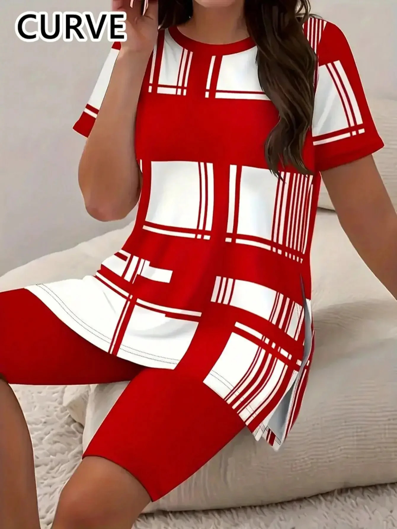 Plus Size Women's Summer 2 Set 1XL5XL Check Print Twopiece Sets Casual Short Sleeve RoundNeck TShirt Shorts Loungewear 250609