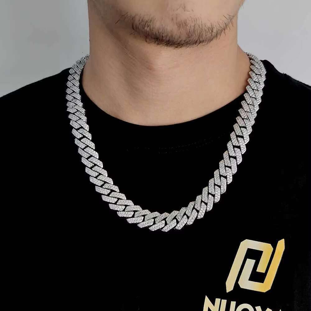 HipHop 925 Silver Men Double Row 15mm Rhombus Cuban Necklace Trendy Brand Moissanite Diamond