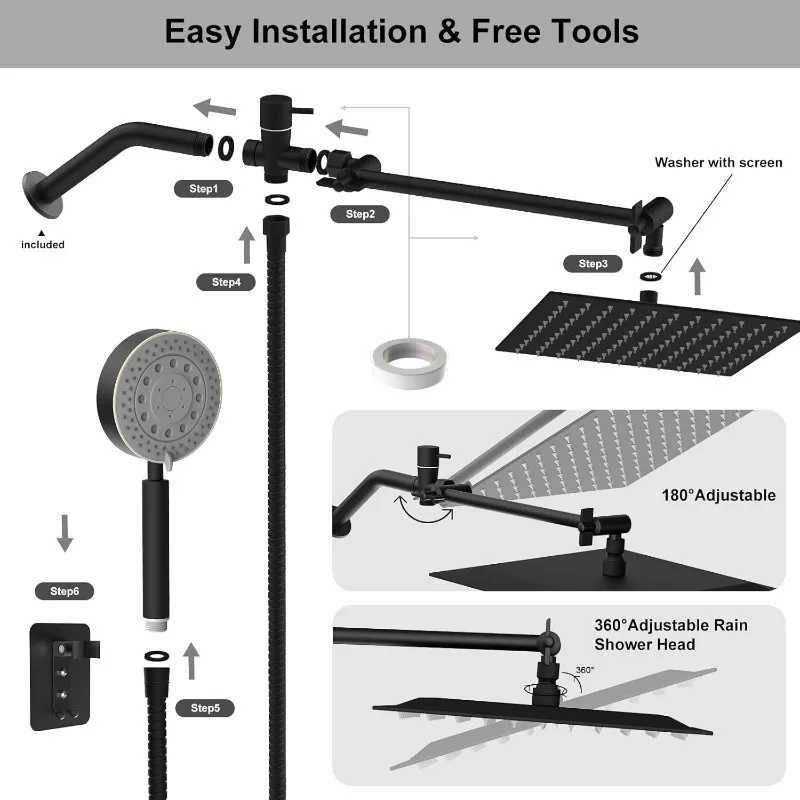 Shower Heads with Handheld Spray Combo 10 Matte Black High Pressure Rain Shower Head 11 Adjustable Extension Arm and X250612