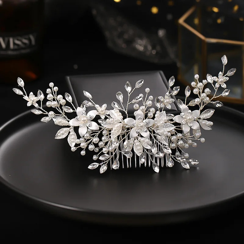Silver Color Hair Comb Bride Tiaras Headdress Floral Pearl Hairpin Girls Prom Crown Wedding Hair Jewelry Party Gift For Women 250606