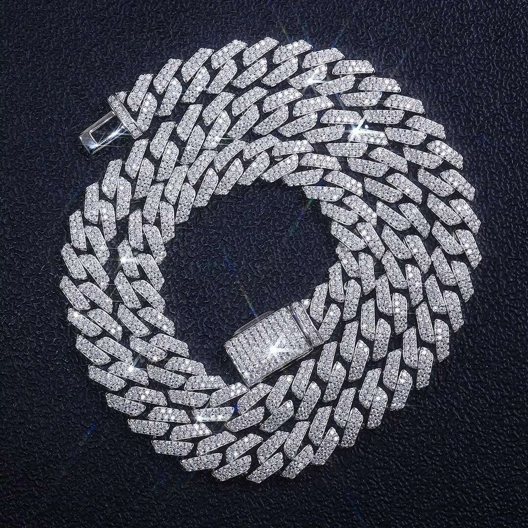 Cuban Chain Silver Plated 18k Gold 2-row Stone Cuban Chain 10mm7-26in Hip Hop Moissanite Necklace