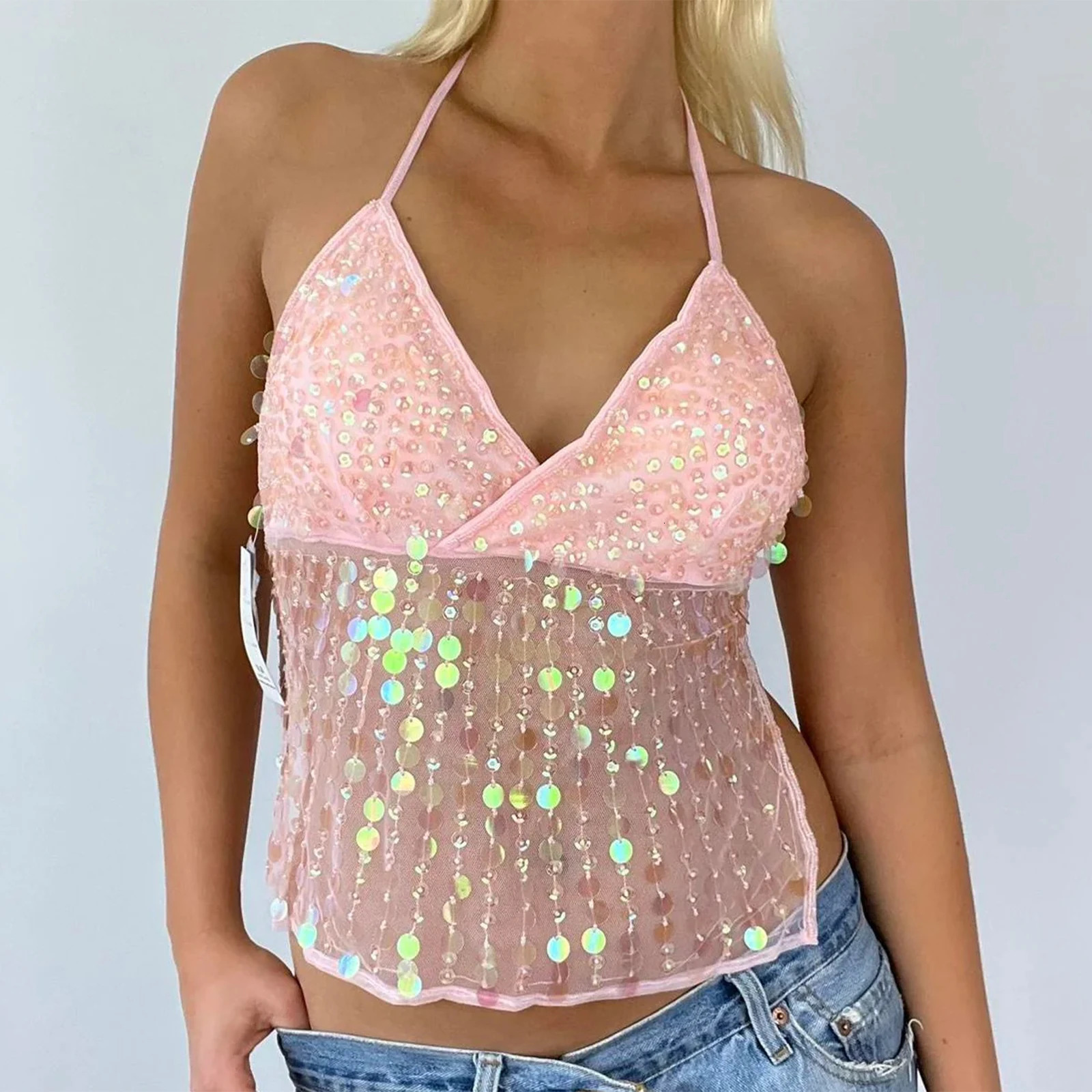 Sequin Halter Crop Tops for Women Y2k Vest Cami Tops Summer Sleeveless Open Back Slim Tie Up Glitter V Neck Camisole Tank Tops 250609