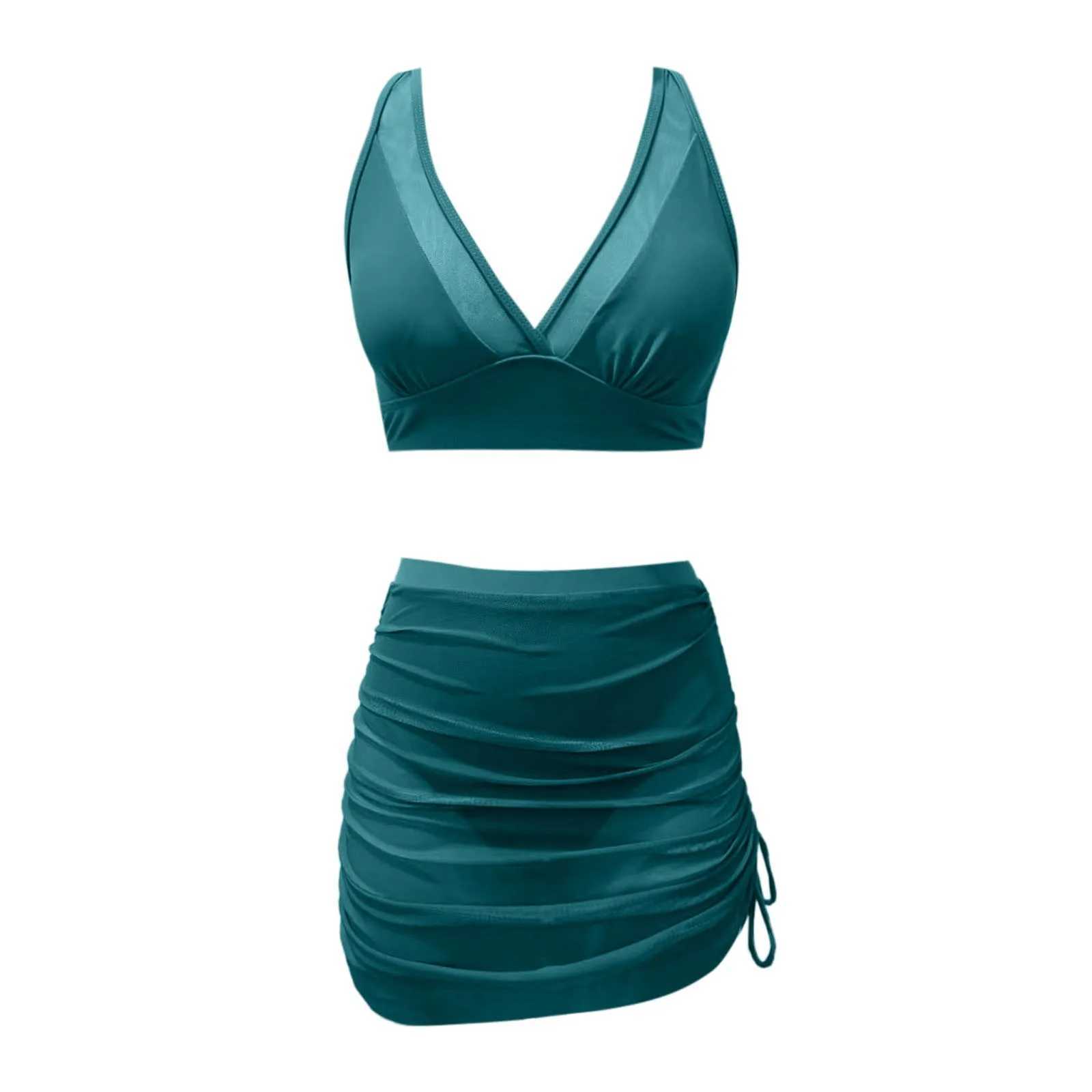 2 Piece Bathing Suits Women Swim Bikini Skirt Swimsuits High Waist Mesh Sarong Wraps Solid Color Womens Swimwear Tankini Set W250612