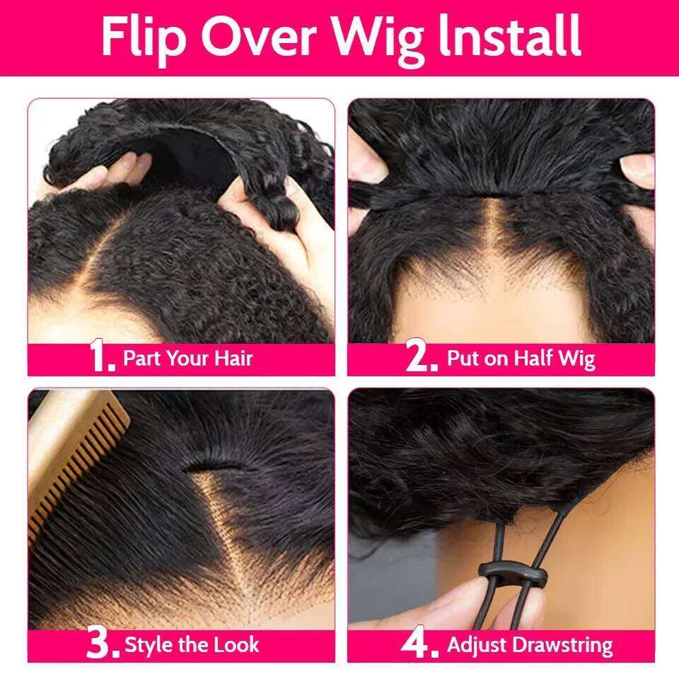 300% Glueless Wigs Human Hair Afro Kinky Curly Headband Upgrade 3 IN 1 Half Wig With Drawstring Seamless Clip Ins Flip Over