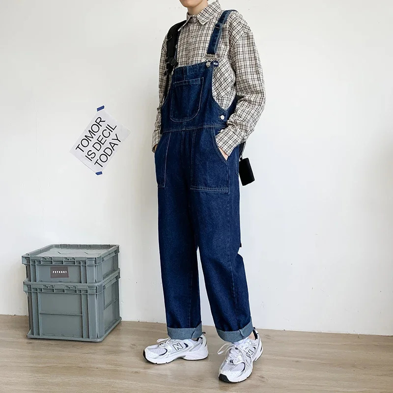 Mens Jeans Denim Overalls Loose Plus Size Cropped Pants Straight Suspenders Jumpsuits Pockets Blue Cowboy Trousers 250611Z