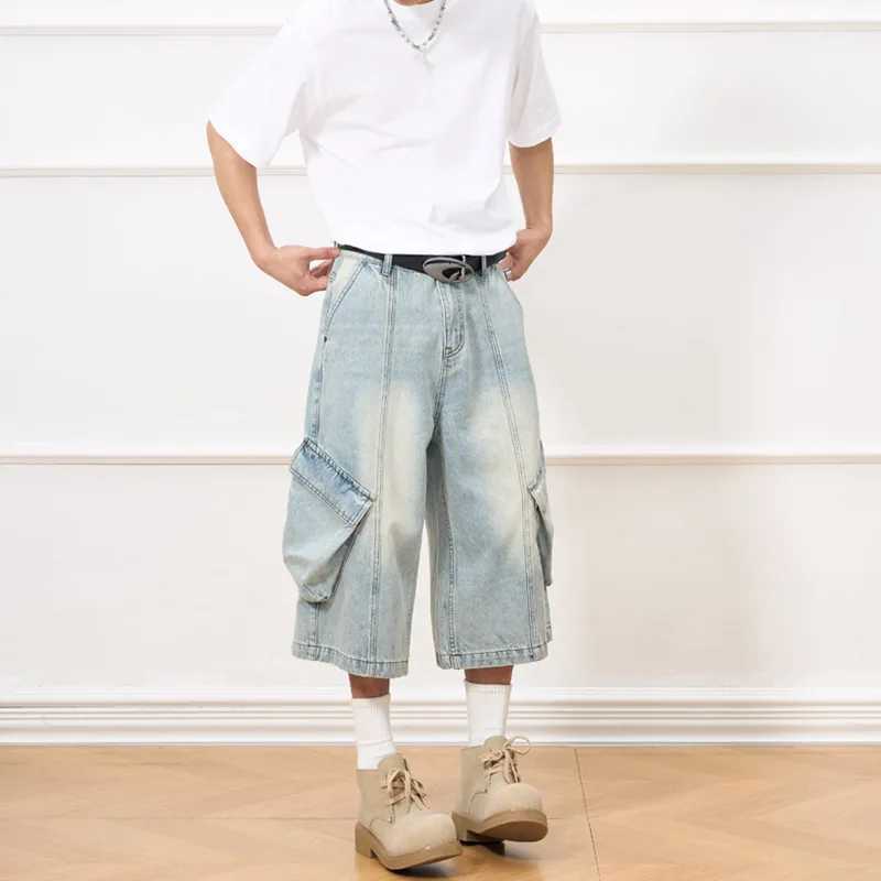 Vintage Mens Summer Casual Distressed Washed Denim Shorts Multi Pocket Crop Jeans Shorts Wide Legs Casual Cargo Jeans for Women W250612