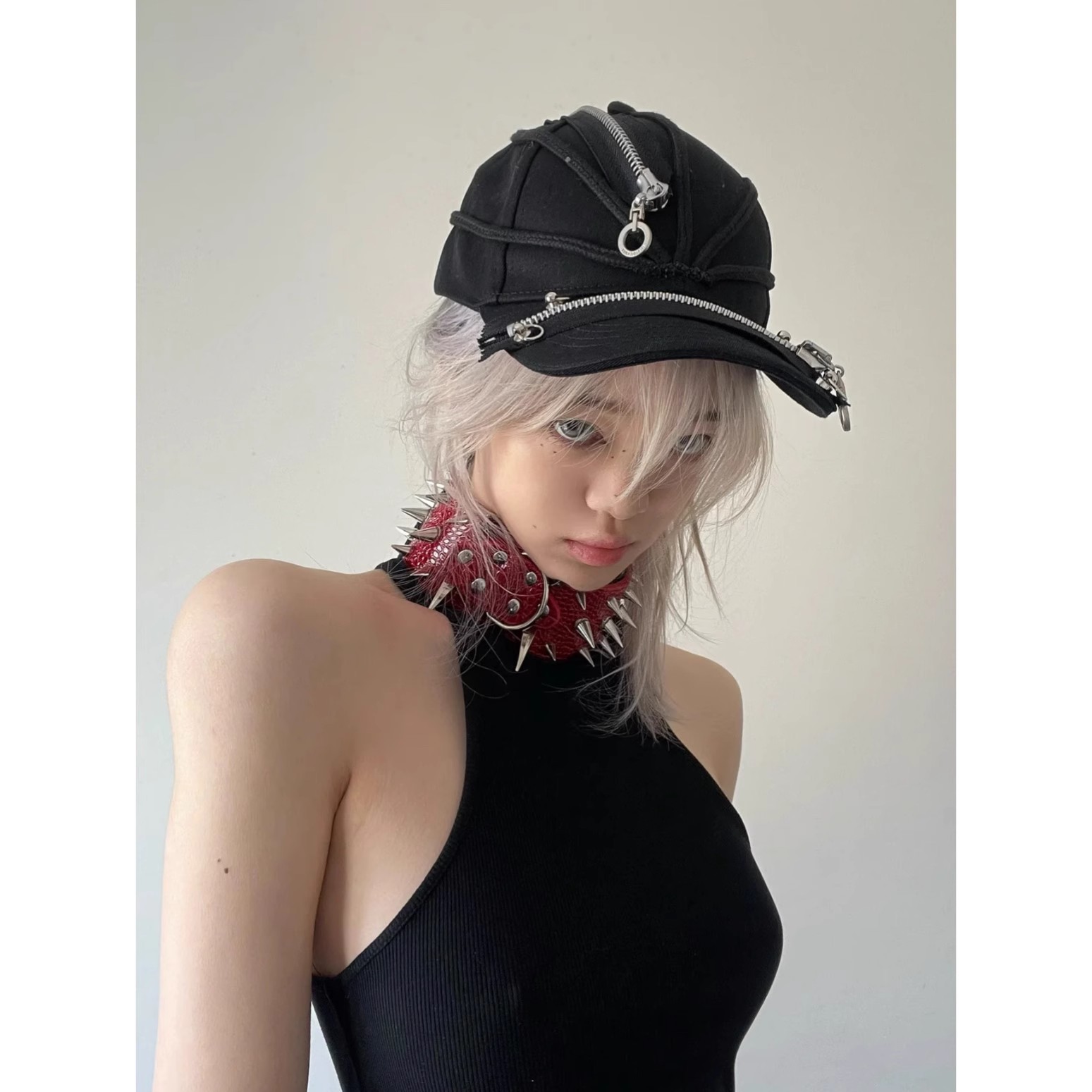 Choker Red Color 3PCS/LOT Black Red Girds Y2K hip-hop Rock Contrast Fluorescent Alien Pendant pink Chain Necklace
