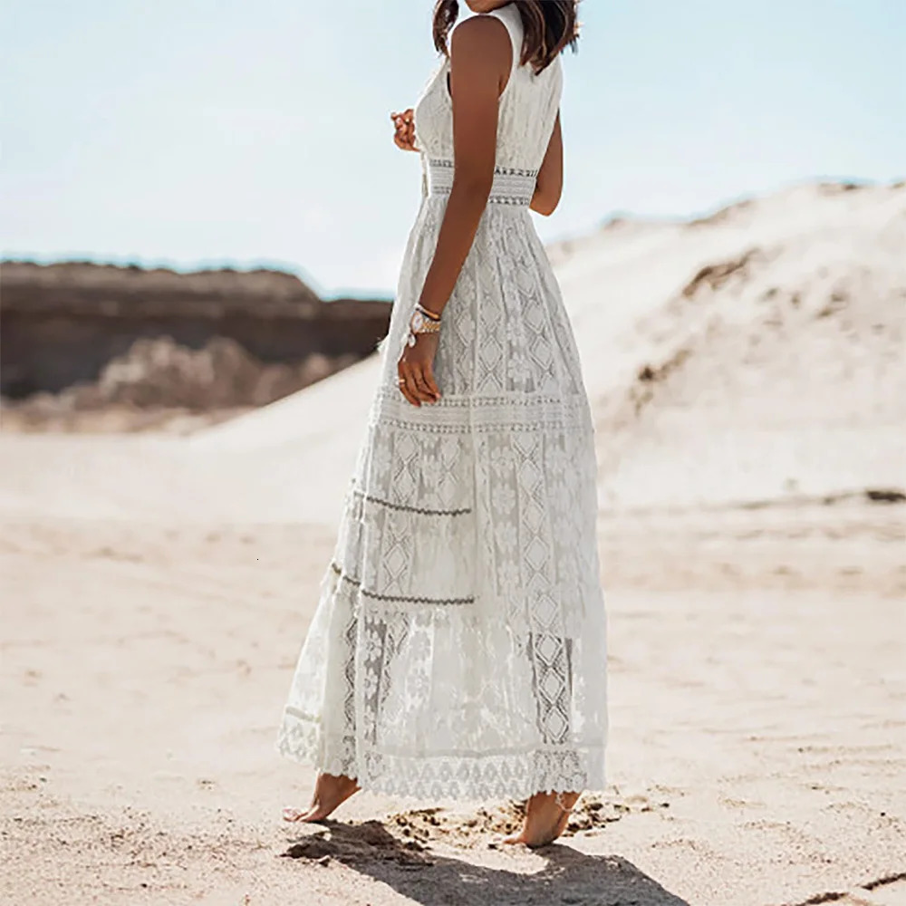 Womens Boho Lace VNeck Fringe Sleeveless Tank Vest Maxi Long Dress Summer Ladies Casual Holiday Beach Vacation Sundress SXL 250611