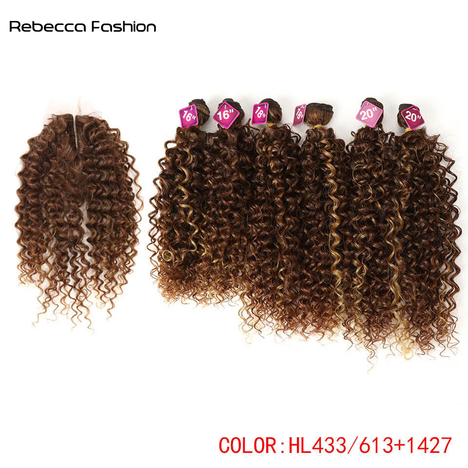 Rebecca Fashion Kinky Curly Blonde 16-20"Inch 7pcs/Lot Synthetic Hair Extensions 6Pieces With Closure Lace For Black Women
