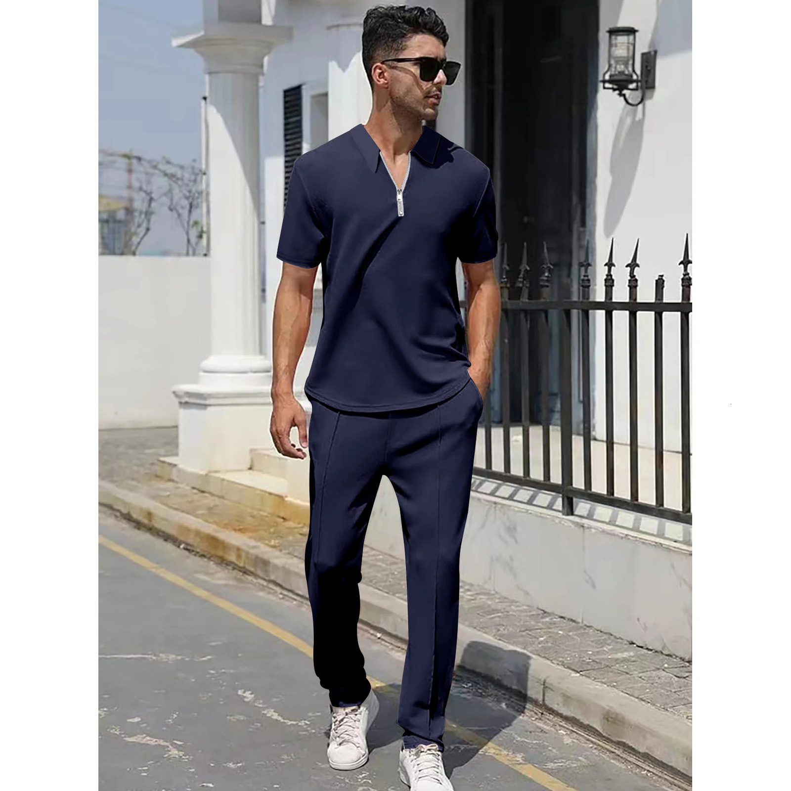 Summer Men Polo Shirt and Pants 2 Pieces Set Casual Sports Home Short Sleeve Trousers Suit Solid Color Spring Clothing 250612