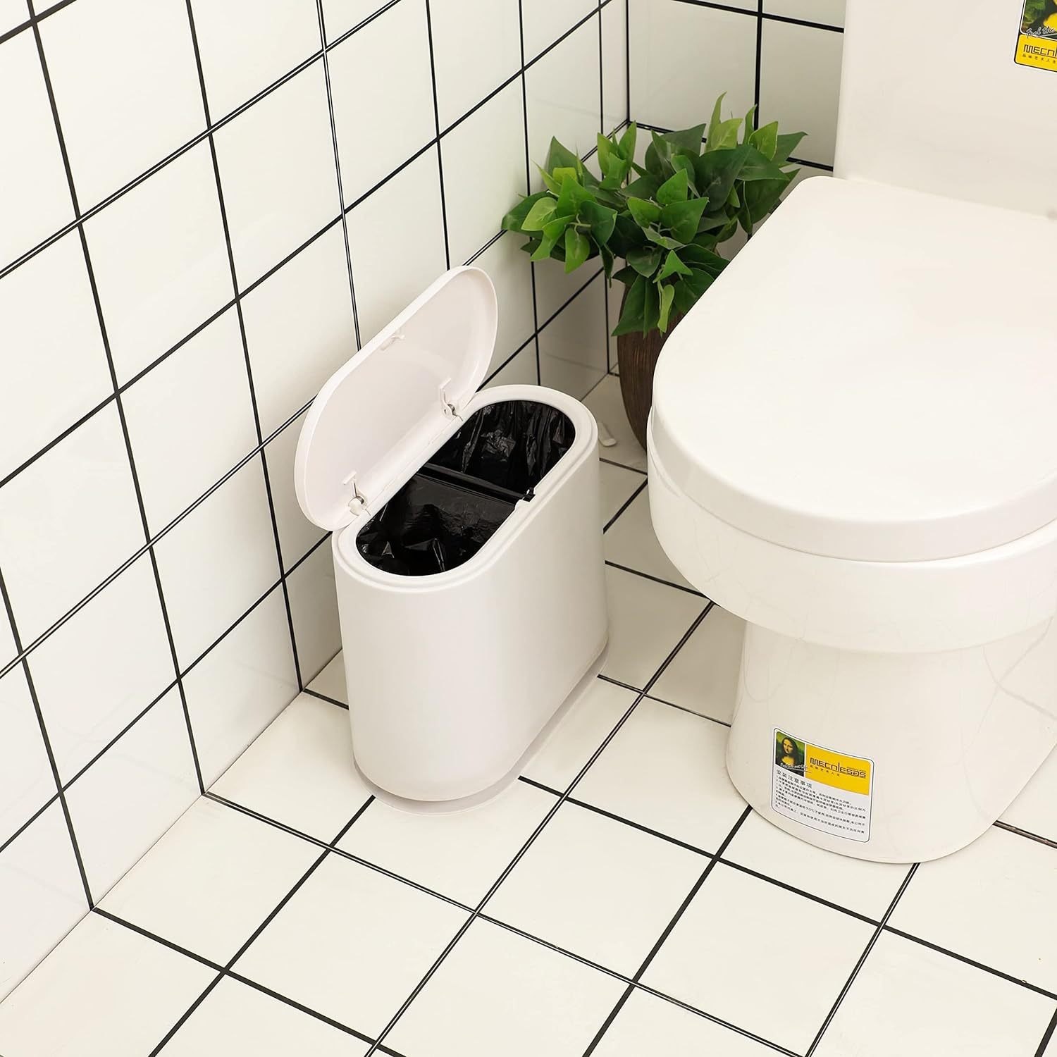 icedog 12 Liter (3.2 Gallon) Rectangular Trash Can with Press Top Lid - White Modern Waste Bin for Bathroom, Bedroom, Kitchen, Office - Slim Plastic G