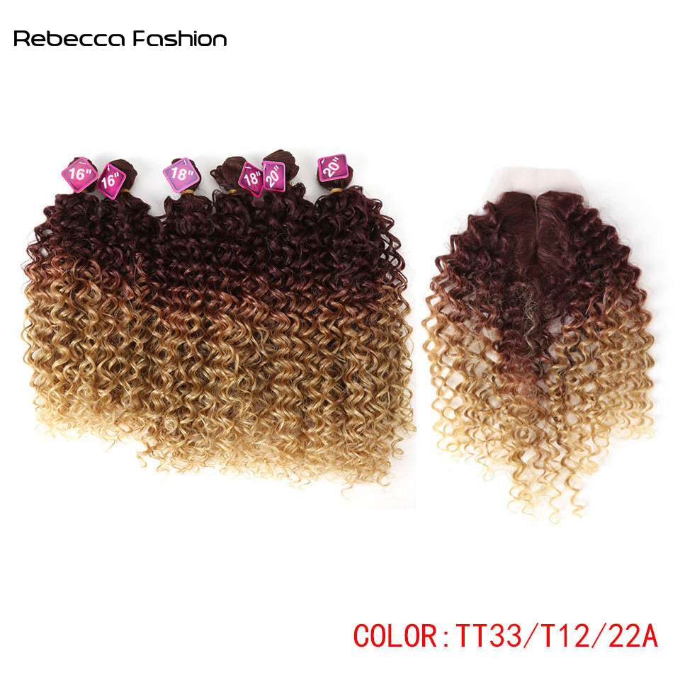 Rebecca Fashion Synthetic Afro Kinky Curly Weave Hair 16-20 inch 7Pieces/lot Bundles With Closure African lace For Women hair Extens