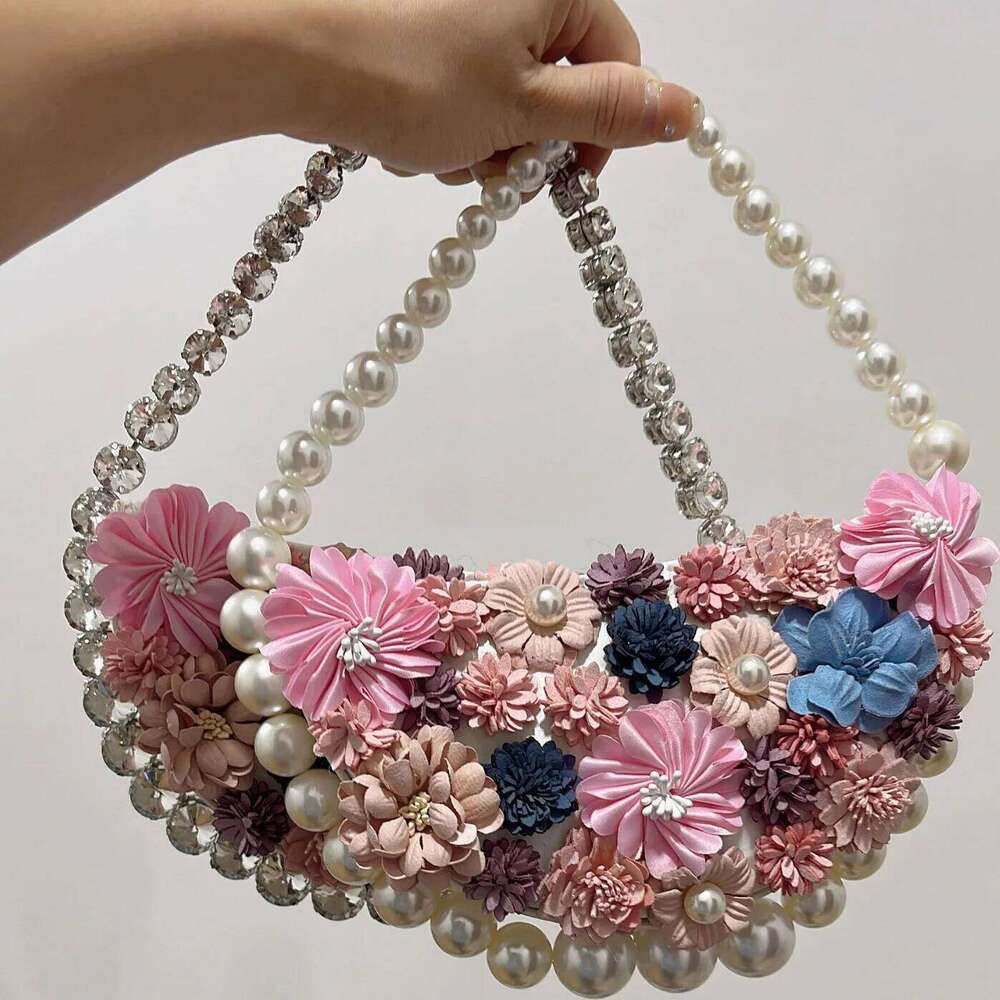 Dia Pearl Flower Half Moon Handbags Designer Crystal Shoulder Bag Rhinestone Bucket Bags for Women Clutch