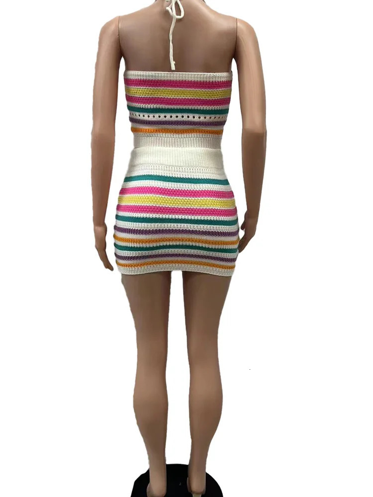 Beyprern Elegant Striped Knitthing Two Piece Set Women Halter LaceUp Crop Top Matching Shorts Beach Swimsuits 2 250611