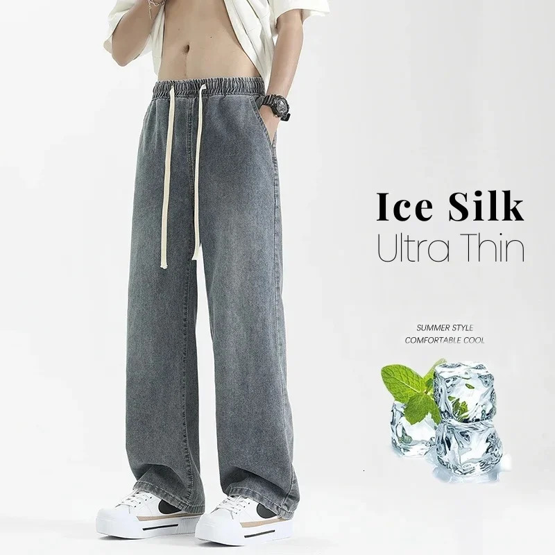 Summer Thin Mens Loose Jeans Wide Leg Fashion Korean Style Drawstring Straight Vintage Wash Denim Pants Streetwear Men Trousers 250611Z