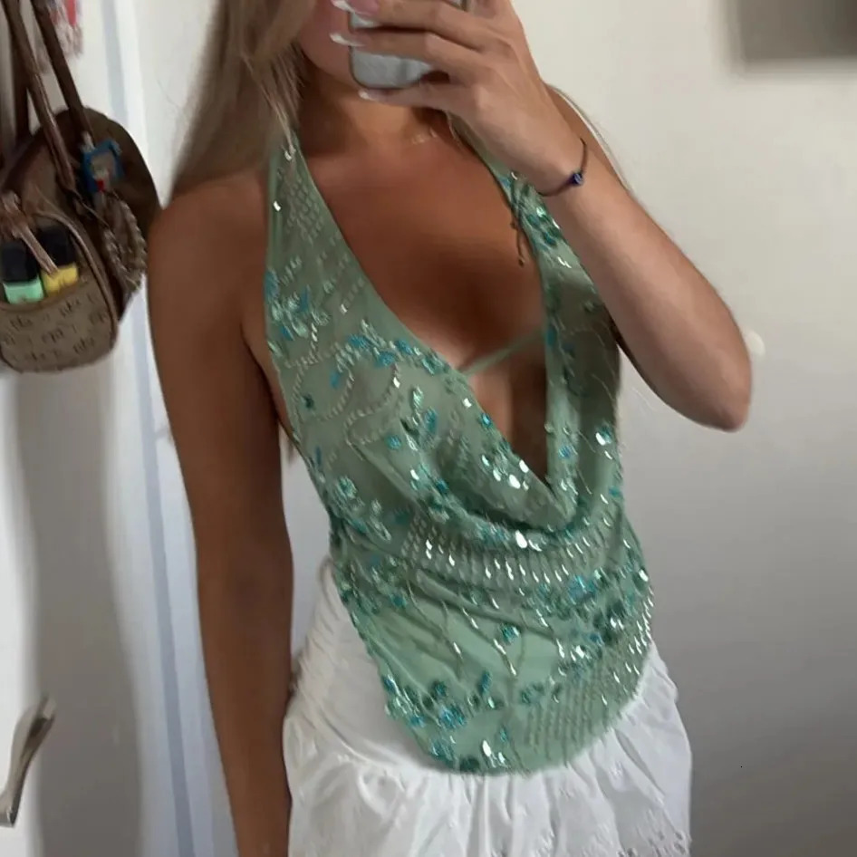 Sequin Halter Tops for Women Y2k Sparkly Sleeveless Backless Beaded Top Night Out Party Going Out Top Rave Summer Party Outfits 250611