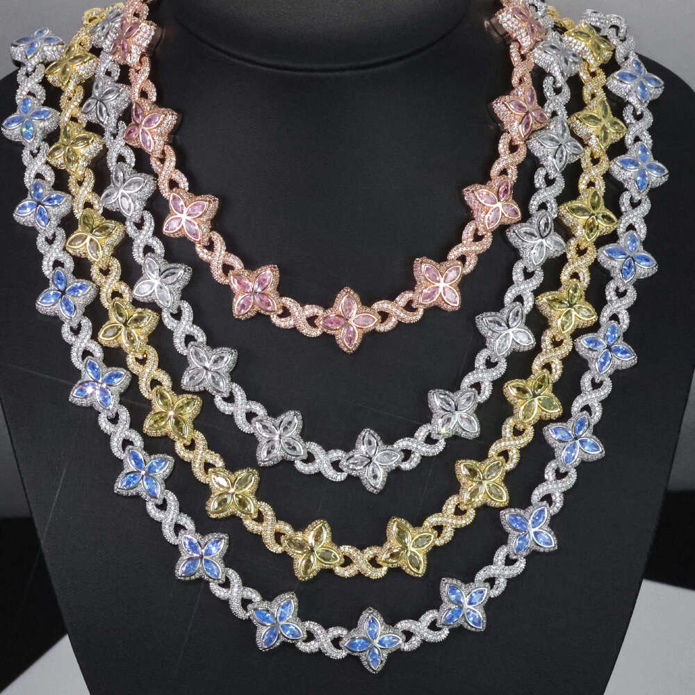 NUOYA Multi-color Vvs Moissanite Cuban Chain Necklace 925 Sterling Silver Hip Hop Jewelry Marquise Flower Design Cuban Chain