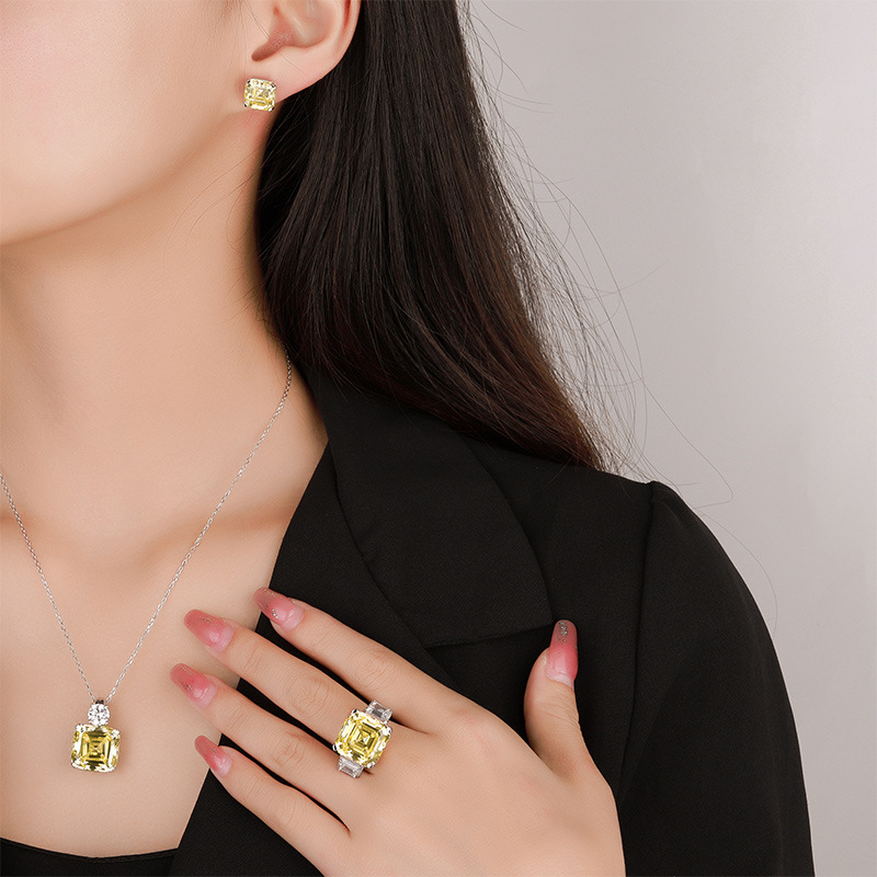 Luxurious S925 PureSilver Yellow Diamond Necklaces and Earings Collection Featuring Precision Crafted Ascher Shapes