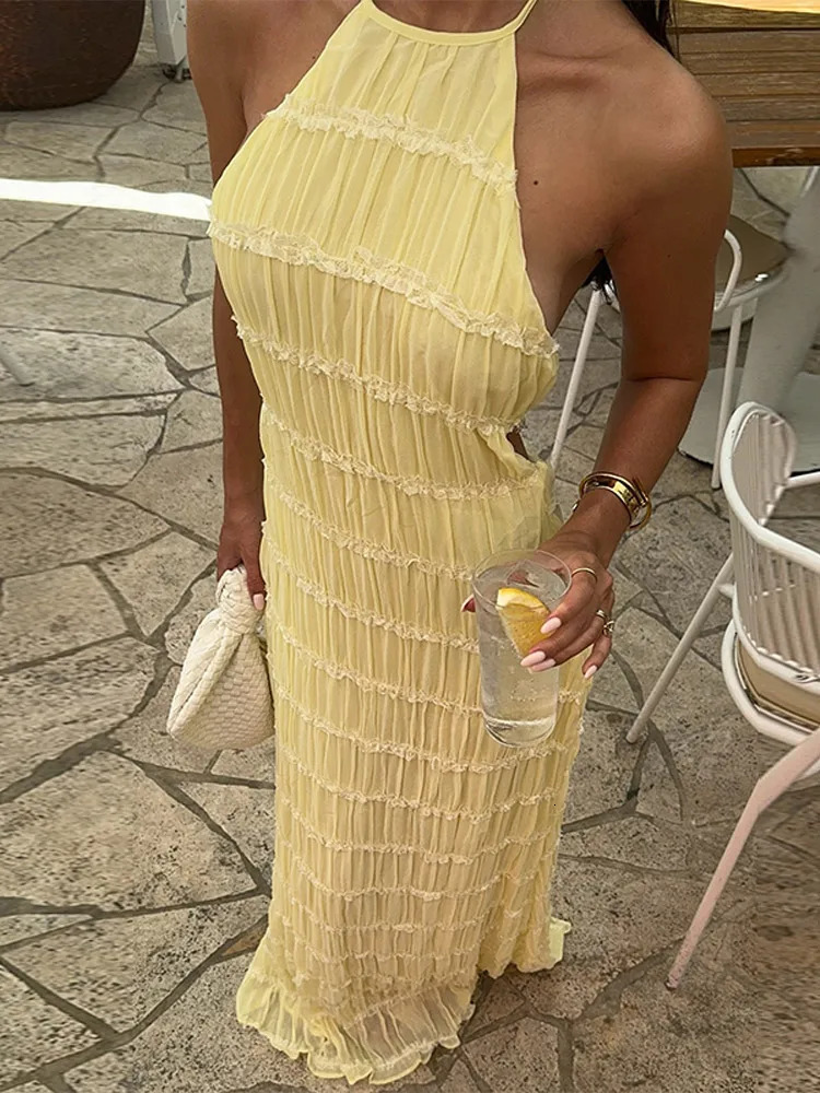 Elegant Pleated Halter Long Dresses Women Retro Sexy Slim Sleeveless Backless Beach Dress Female Chic Party Holiday Vestidos 250611