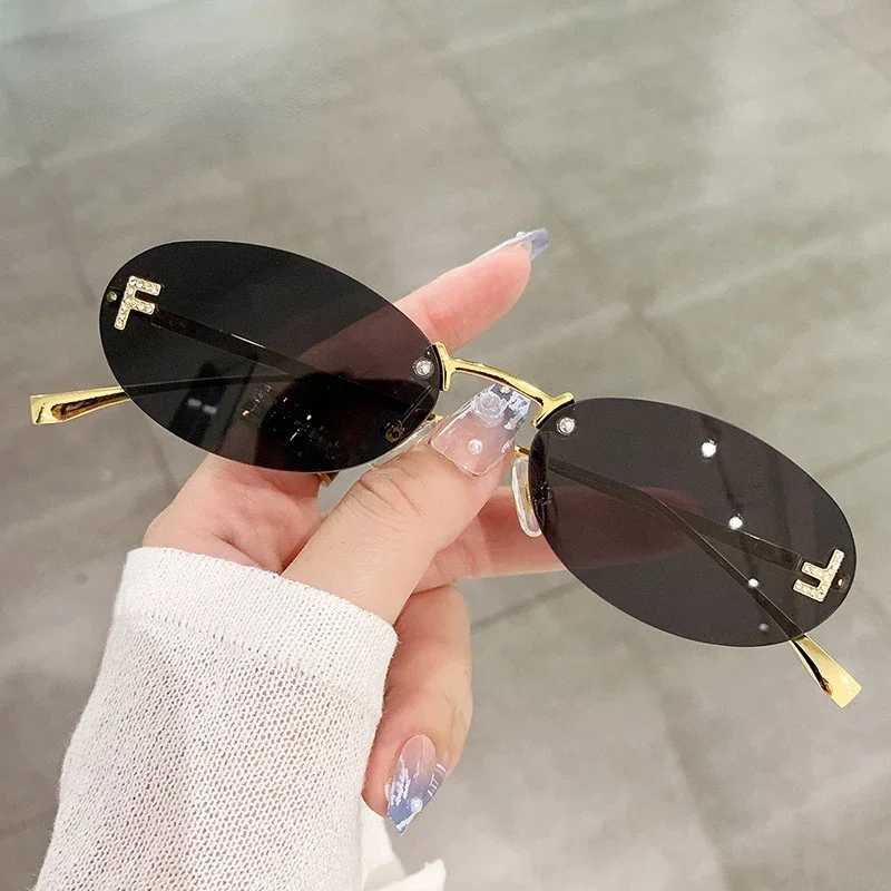 Cat Eye Trendy Oval Sunglasses for Women Rimless Driving Outdoor Shopping Shades UV400 Vintage Letter Design Eyewear Z250612