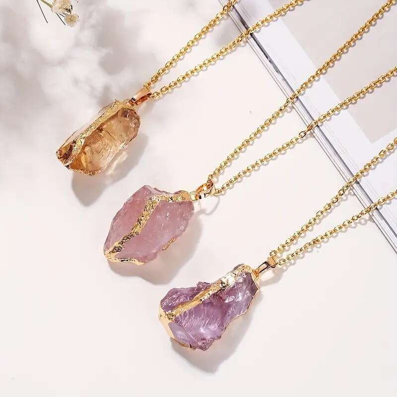Natural Stone Irregular Raw Electroplated Gold Pendant Pink Quartz Yellow Crystal DIY Jewelry Accessories