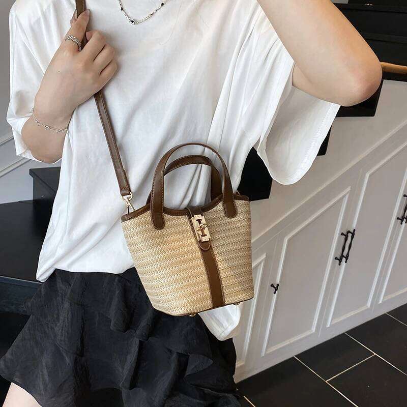 Women Small Basket PU Leather Straw Weaving Handbag Summer Travel Female Shoulder Cross Body Short Handle Bag