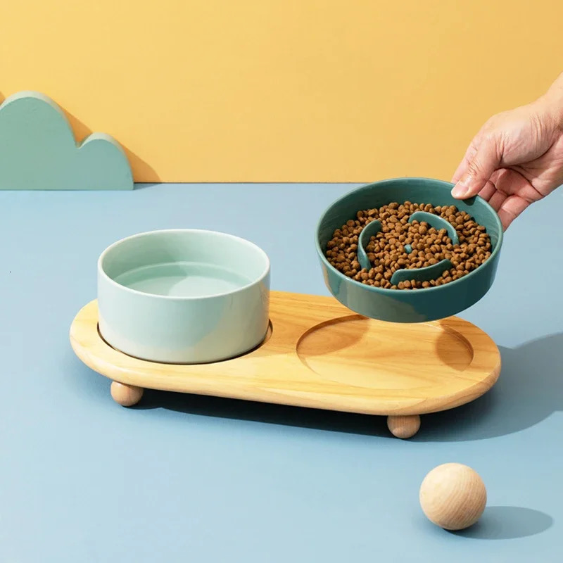 Small Dog Slow Feed Bowl Elevated Cat Drinking Eating Ceramic Bowls with Wooden Stand Pet Anti-Gulping Feeding Food Water Plate 250612