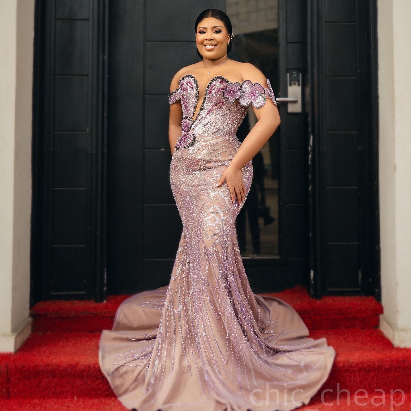 Champagne Mermaid Prom Dresses 2025 Beaded Flowers Sequined Illusion Evening Formal Party Second Birthday Engagement Gowns Plus Size Dress For Special