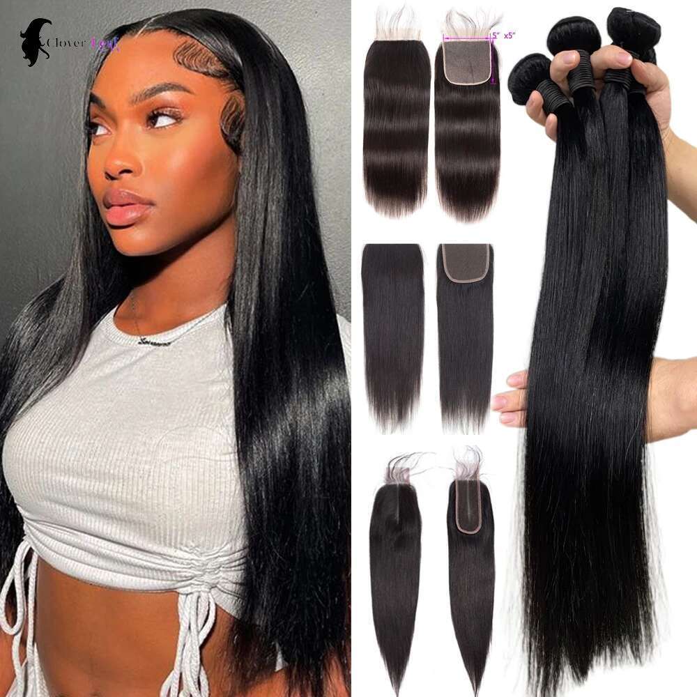 Straight And 2x6 Lace Human With 4x4 5x5 Closure Brazilian Raw Hair Bundles