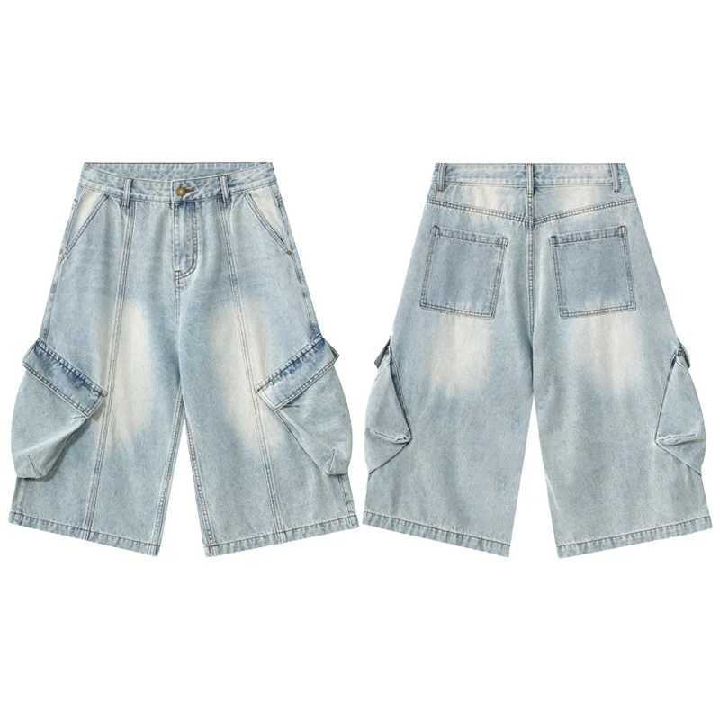 Vintage Mens Summer Casual Distressed Washed Denim Shorts Multi Pocket Crop Jeans Shorts Wide Legs Casual Cargo Jeans for Women W250612