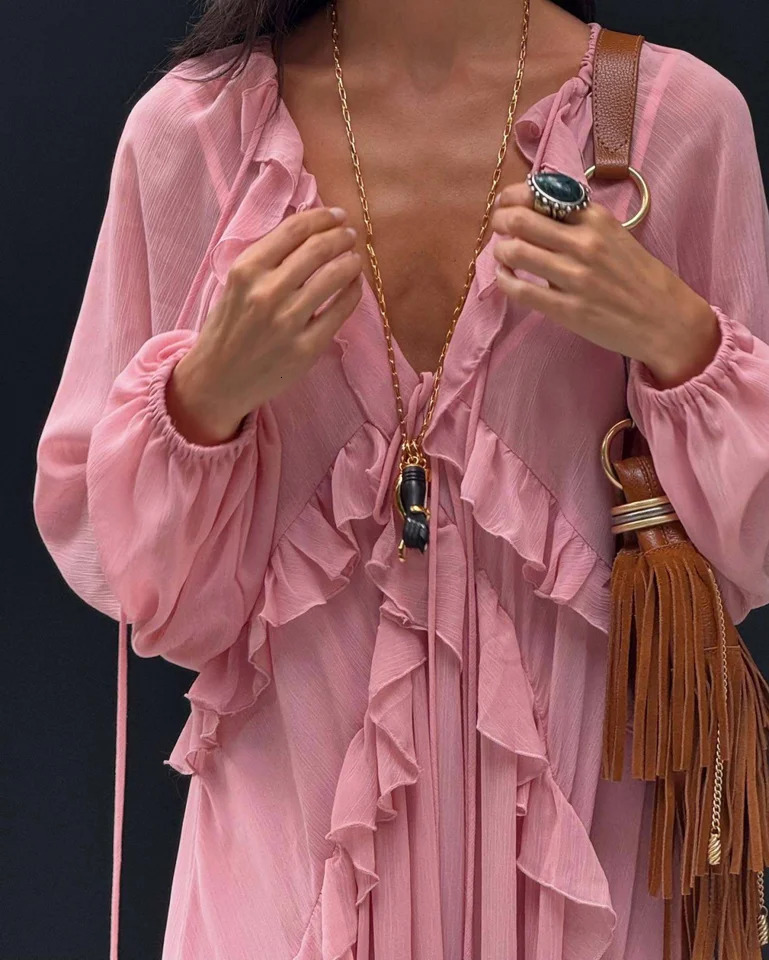 European and American style early autumn layered ruffled longsleeved chiffon dress 250611