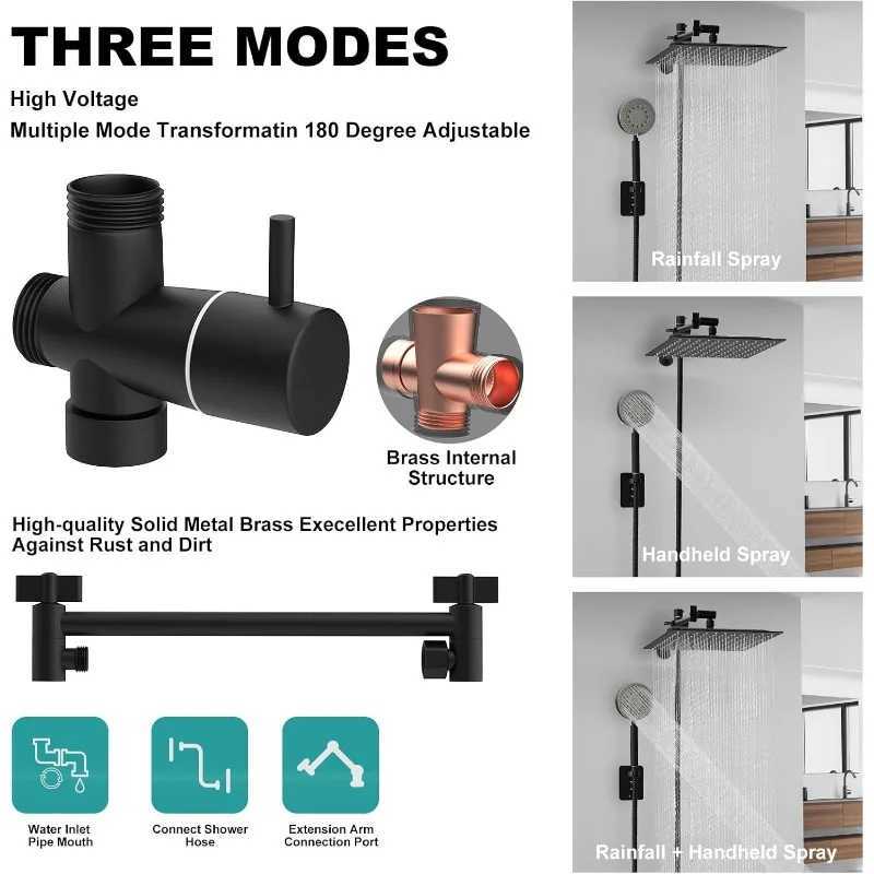 Shower Heads with Handheld Spray Combo 10 Matte Black High Pressure Rain Shower Head 11 Adjustable Extension Arm and X250612