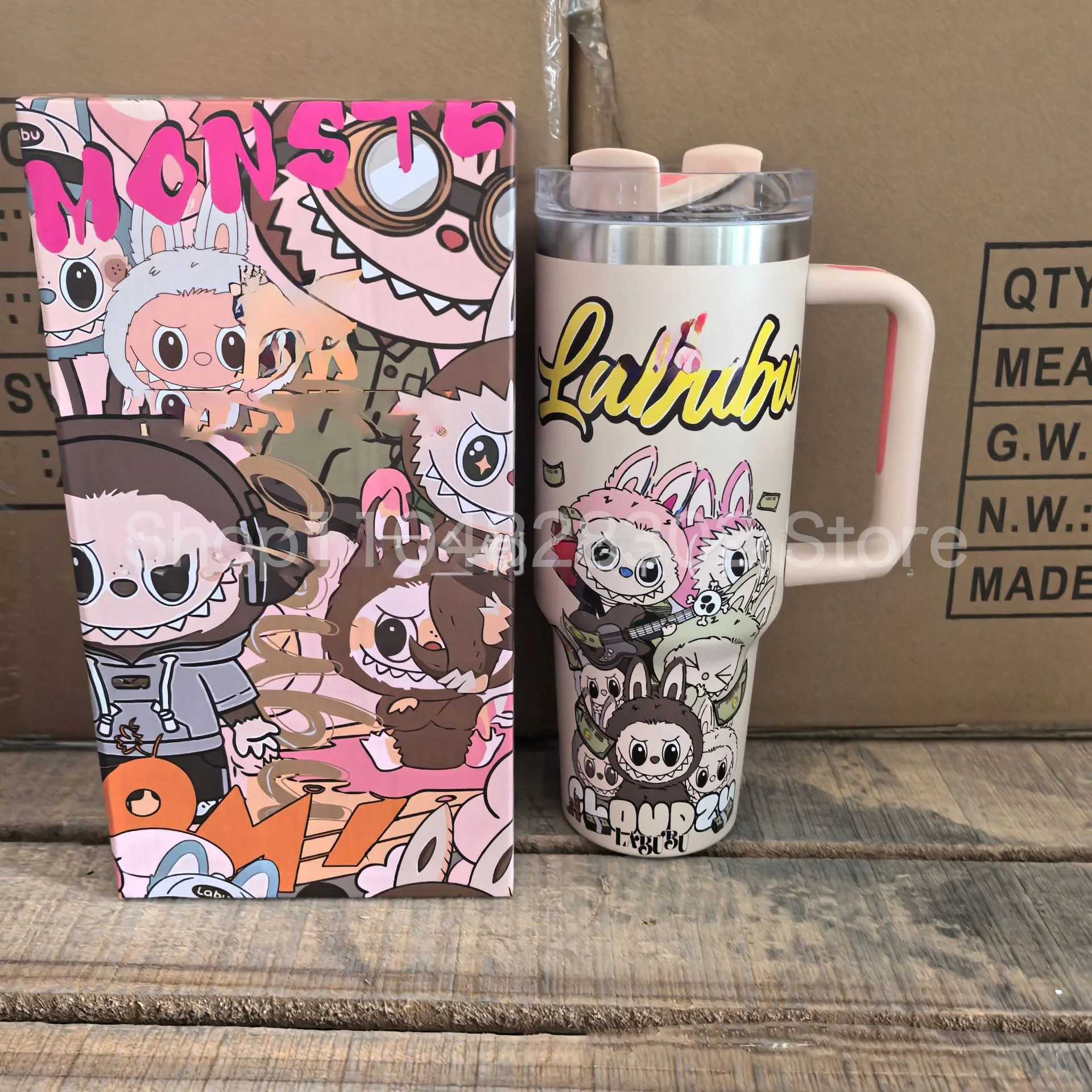 New labubu 40OZ stainless steel drum type tibial drive insulated cup with straw and lid large capacity car cup X250612