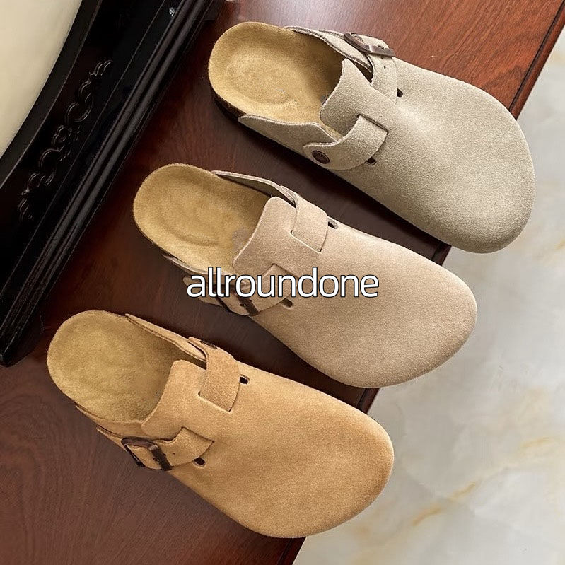 Designer Slippers Sandals Boston Clogs Cork Flat Clogs Sandals Clog Slippers Fashion Summer Genuine Suede Leather Buckle Beach Casual Shoes Women Men Sandals 34-46
