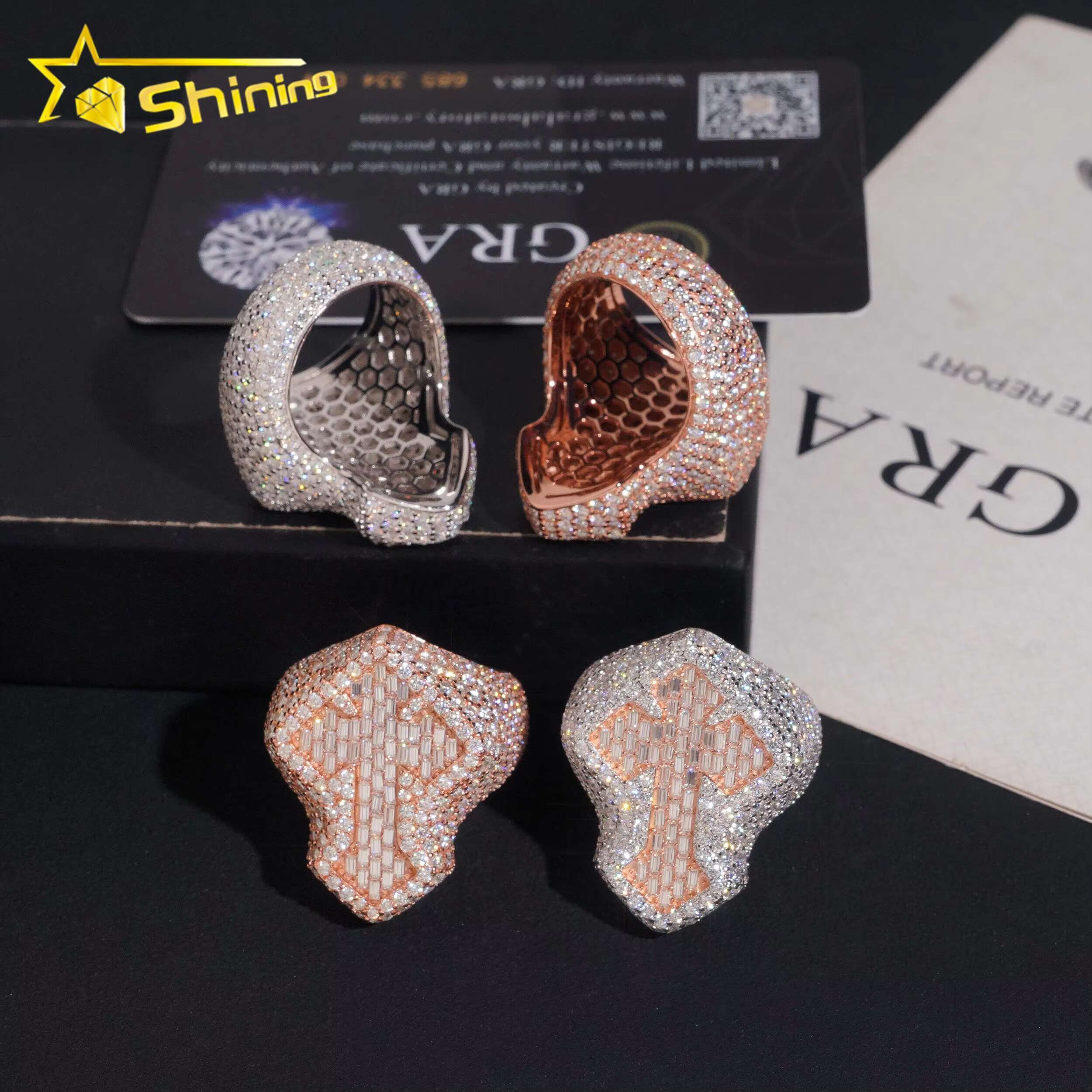 Pass Diamond Tester High Quality 925 Silver Men Iced Out Two Tone Cross Hip Hop Moissanite Ring