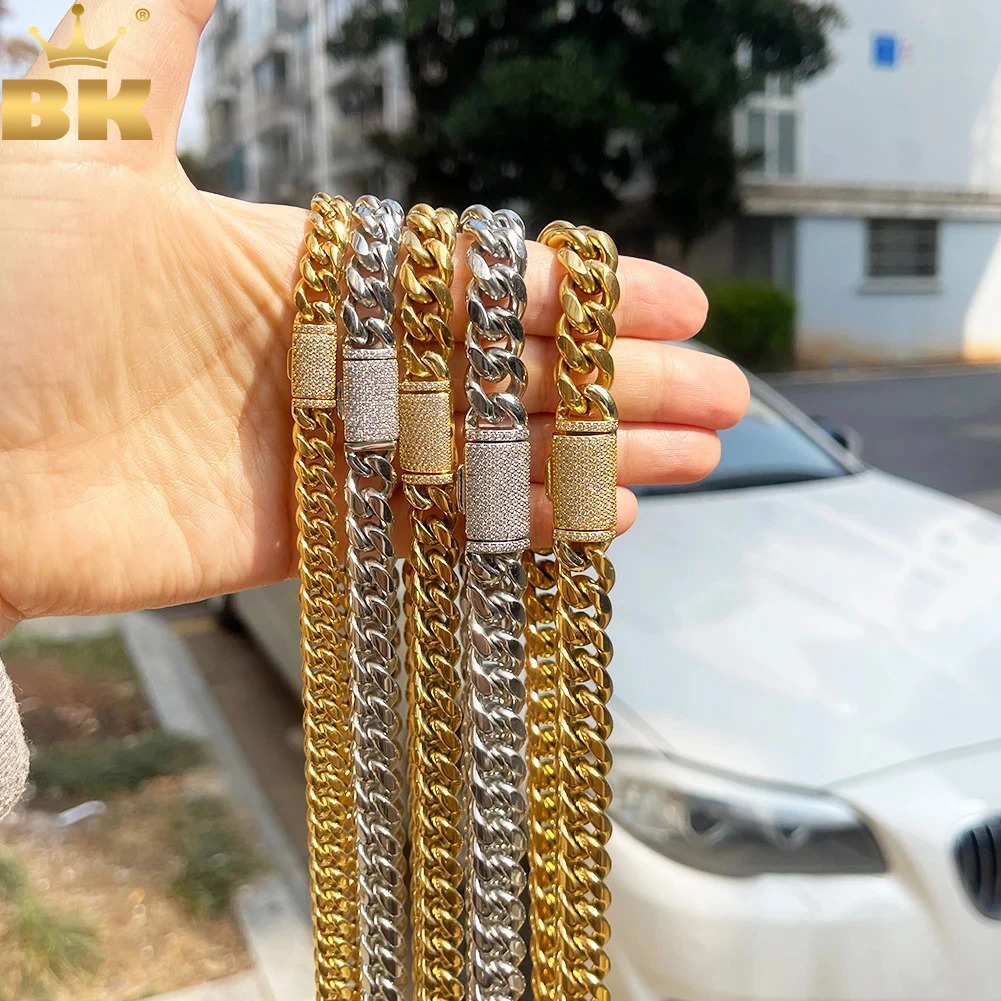THE BLING KING 8mm/10mm/12mm Stainless Steel Cuban Link Chain Iced Out CZ Box Clasp Bracelet Necklace Fashion Hiphop Men Jewelry 250610