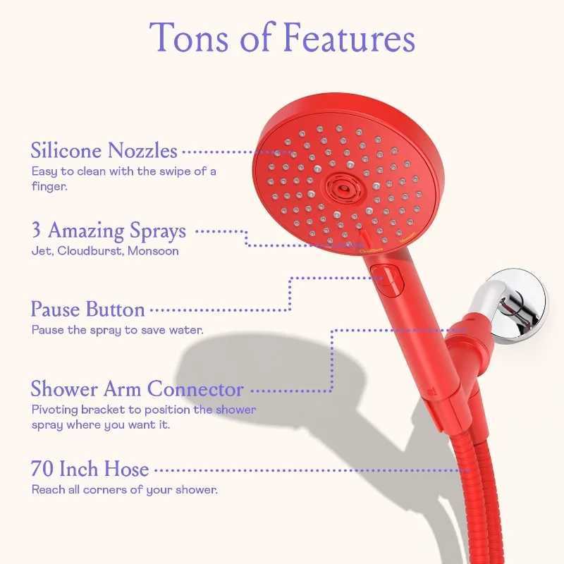 Handheld Shower Head High Pressure 3 Spray Functions Plus Pause Extra Long 70 Inch Hose Silicone Nozzles Pink X250612