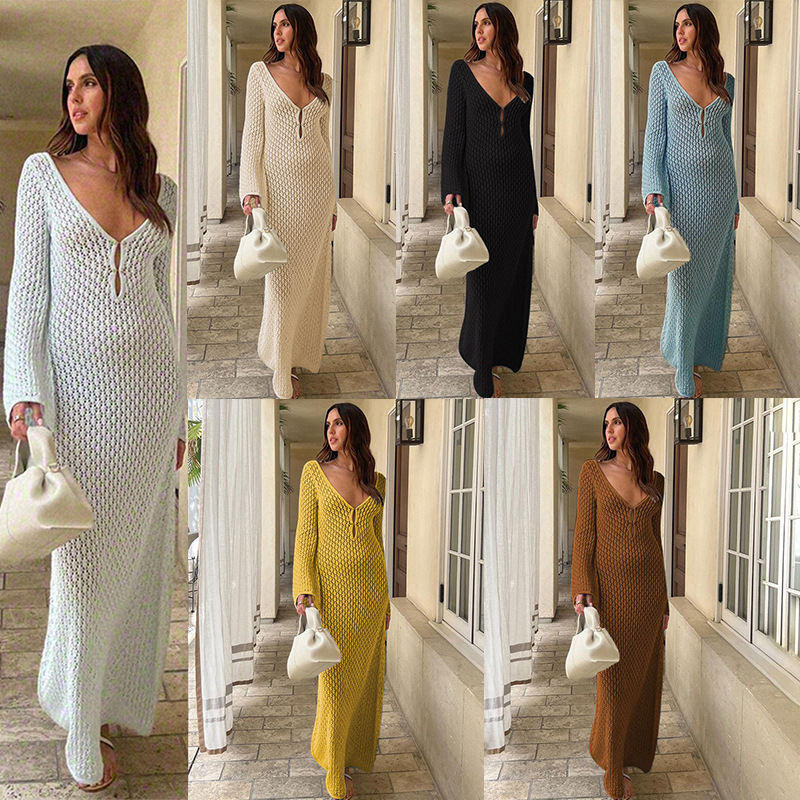 Autumn Winter New Beach Dress Solid Color Sexy Backless Knitted Hollow Out Long Dress Bikini Swimsuit Cover-Up 250327