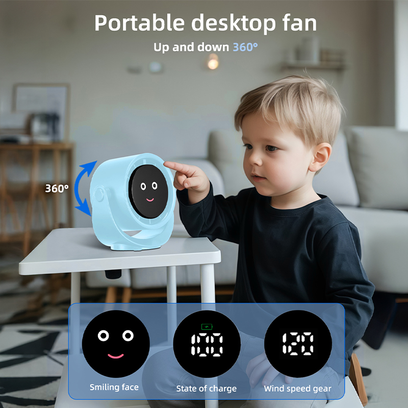 Smiley Portable Desktop Turbo Fan - 4000mAh Rechargeable, 360° Adjustable Angle, LCD Display & Long Battery Life for Home, Office & Travel