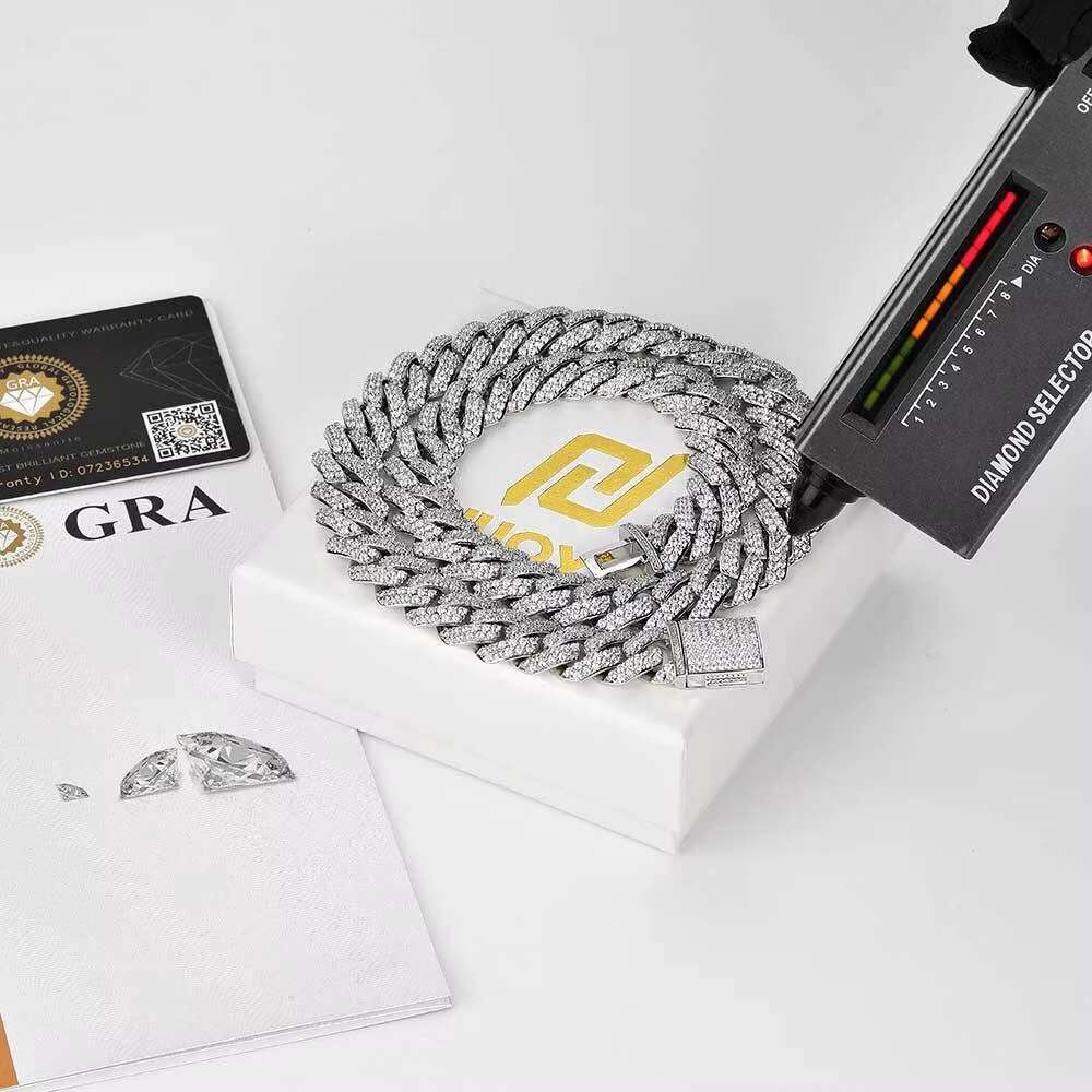 HipHop 925 Silver Men Double Row 15mm Rhombus Cuban Necklace Trendy Brand Moissanite Diamond