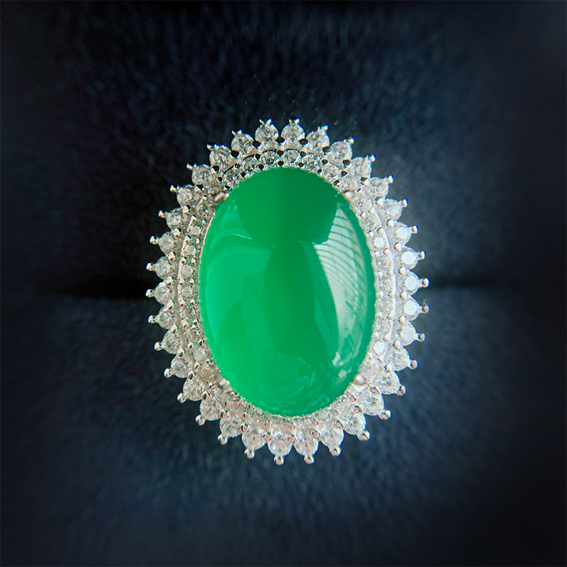 S925 Silver Jade Green Chalcedony Pendant Ring Earrings Set, Classic Design, Perfect for Weddings and Special Occasions, Elegant Fashionable Women