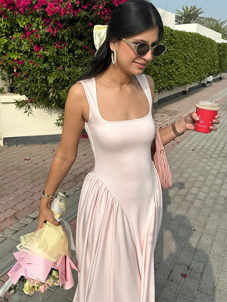 Solid Camisole Dress Woman Elegant Pleated Square Neck Sleeveless ALine Slim Long Dresses Female Summer Street Vestido 250611