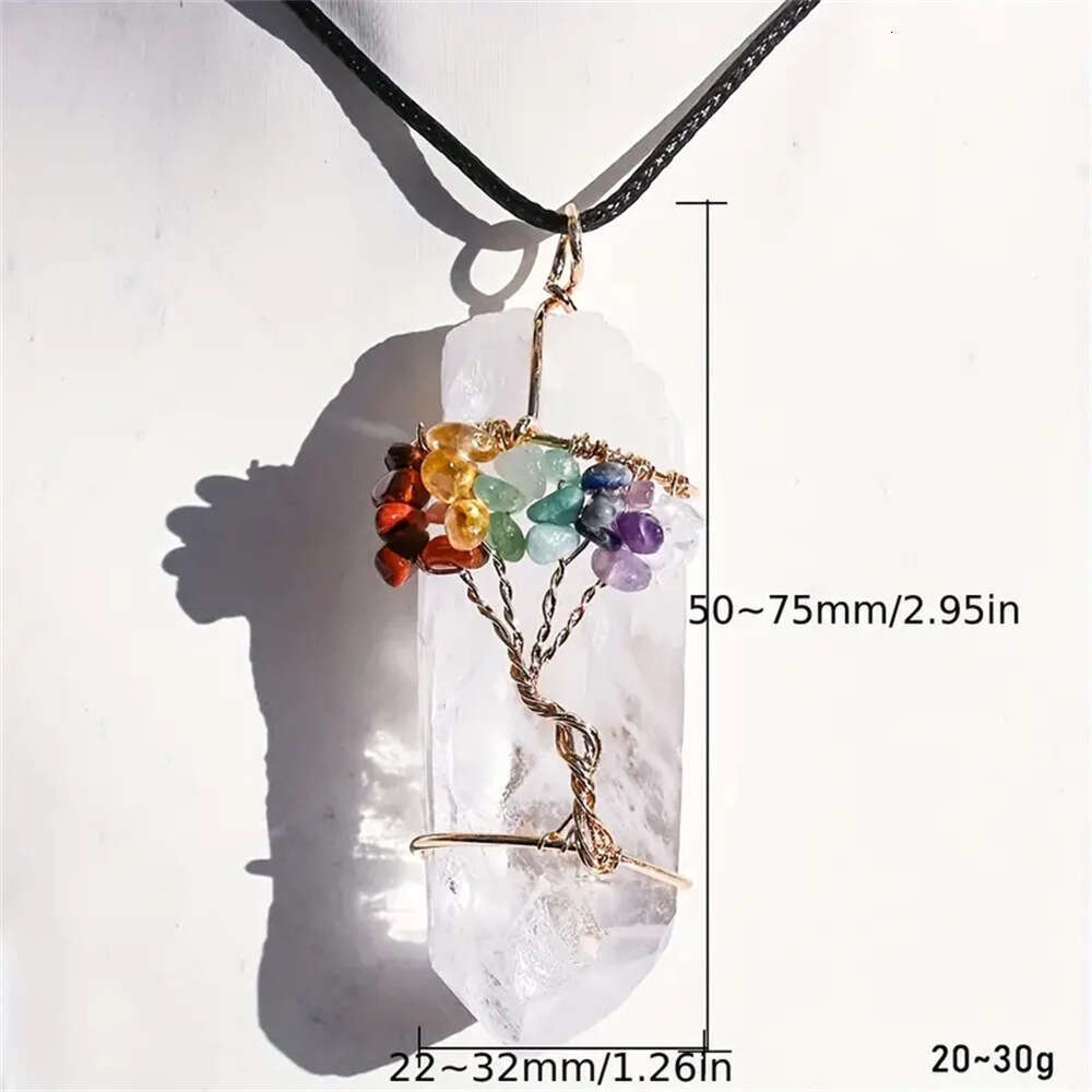 Natural Crystal Rainbow Tree of Life Column Pendant Irregular Hexagonal Point Wrapped Thread Necklace Hanging Ornament