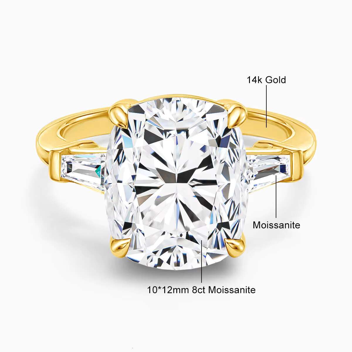 Fine Jewelry Supplier Woman Engagement Wedding Gift Hollow 14K Gold Diamond 8ct Cushion 3 Stone Moissanite Rings